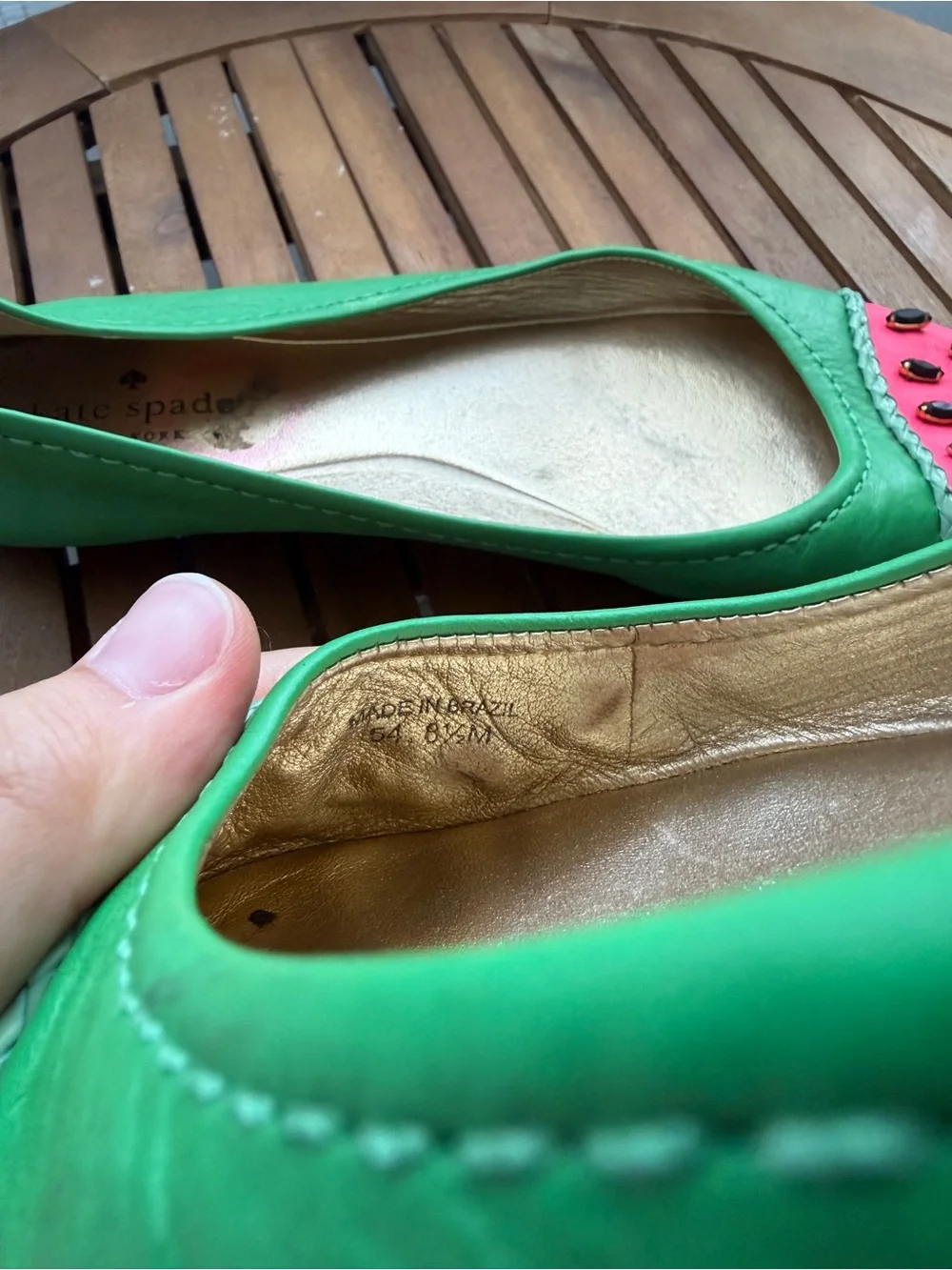 kate spade Green Leather Ballet Flats with Pink Studded Cap